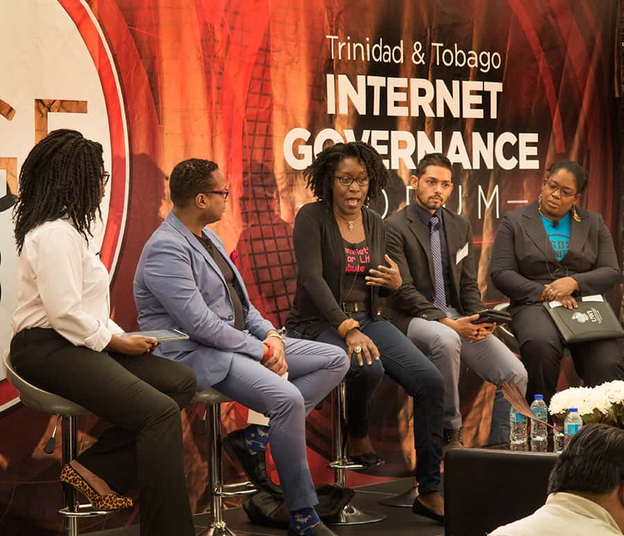 Above: The TTIGF Gender Activism panel, Jacqueline Morris, Ian Royer, Atillah Springer, Rudolph Hanamji, Sue Ann Barratt. Photo by Mark Lyndersay.